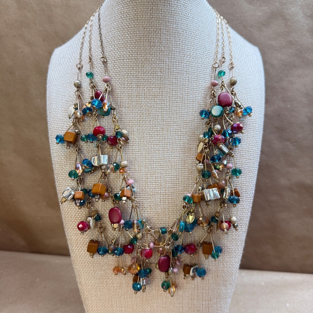 Boho Multi Strand Bib Necklace Gold Tone Colorful Beaded Statement Jewelry 19in